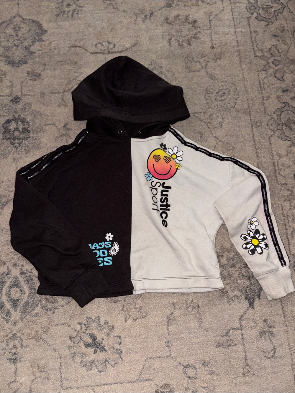 Justice Split Black & White Hoodie with Smiley Daisy Graphic